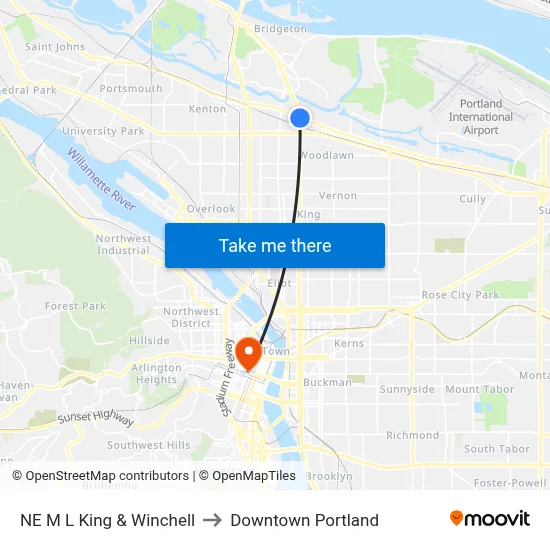 NE M L King & Winchell to Downtown Portland map