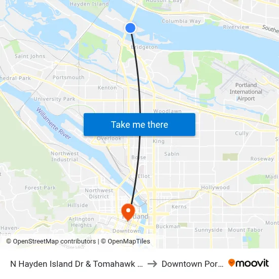 N Hayden Island Dr & Tomahawk Island Dr to Downtown Portland map
