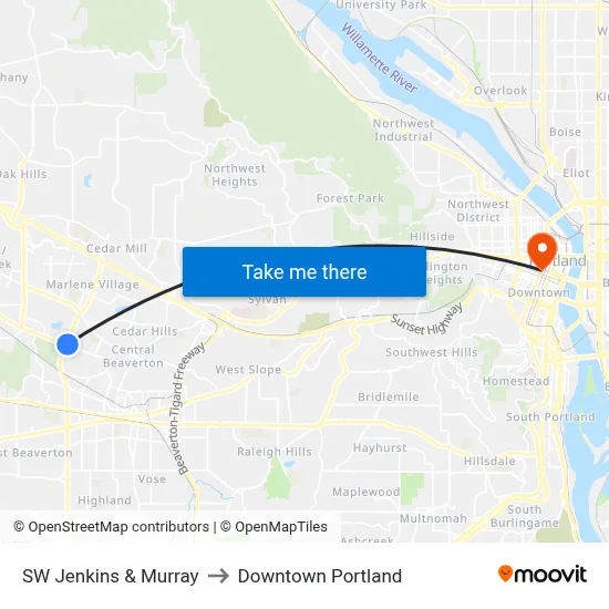 SW Jenkins & Murray to Downtown Portland map
