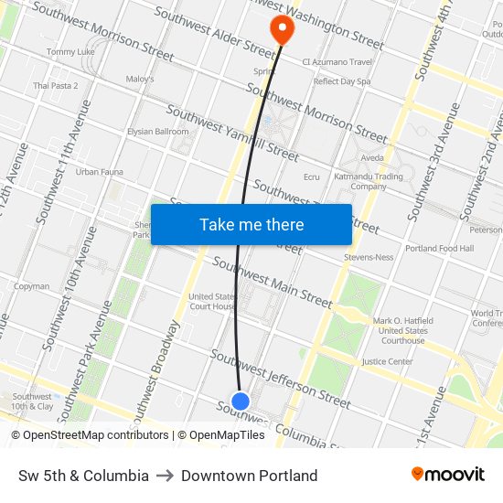 Sw 5th & Columbia to Downtown Portland map