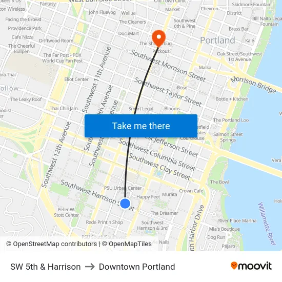 SW 5th & Harrison to Downtown Portland map