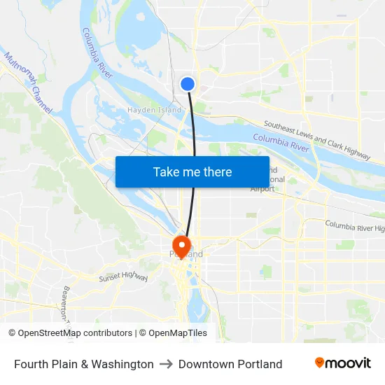 Fourth Plain & Washington to Downtown Portland map