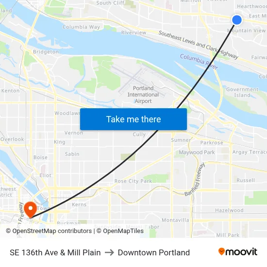 SE 136th Ave & Mill Plain to Downtown Portland map