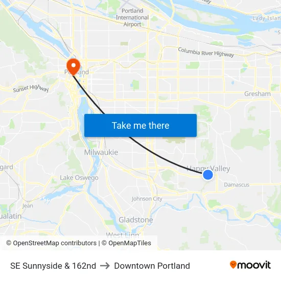 SE Sunnyside & 162nd to Downtown Portland map