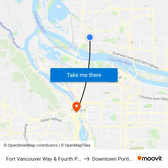 Fort Vancouver Way & Fourth Plain to Downtown Portland map