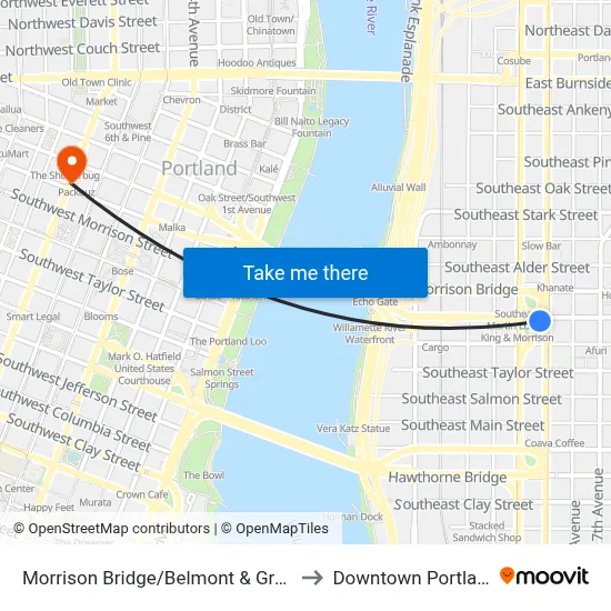 Morrison Bridge/Belmont & Grand to Downtown Portland map