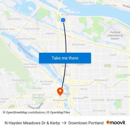 N Hayden Meadows Dr & Kerby to Downtown Portland map