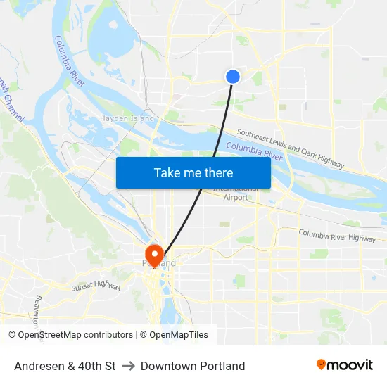 Andresen & 40th St to Downtown Portland map