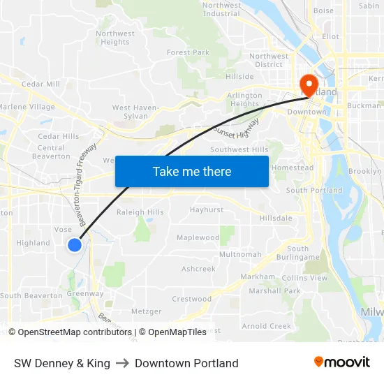 SW Denney & King to Downtown Portland map