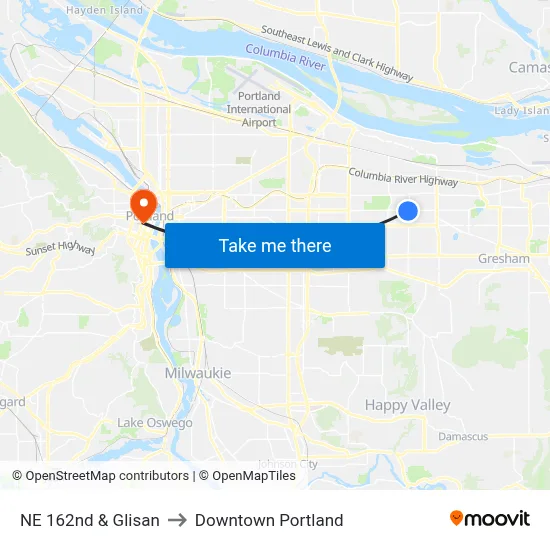 NE 162nd & Glisan to Downtown Portland map