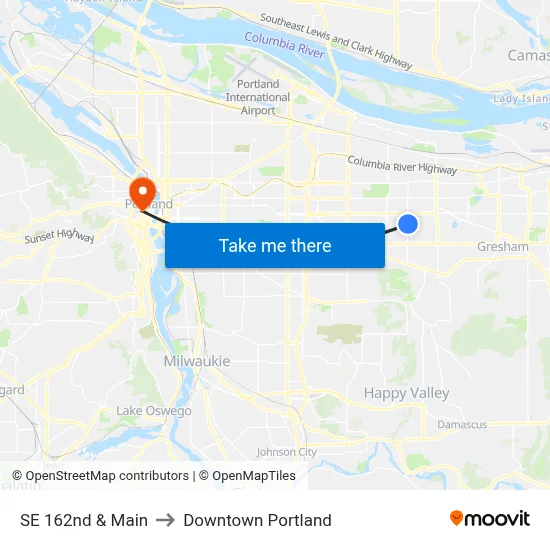 SE 162nd & Main to Downtown Portland map