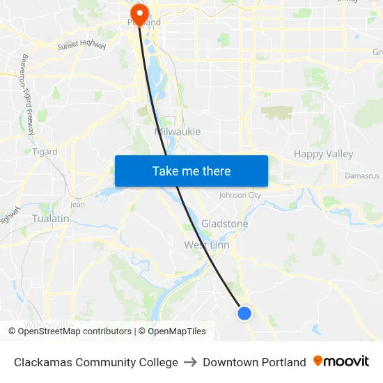 Clackamas Community College to Downtown Portland map