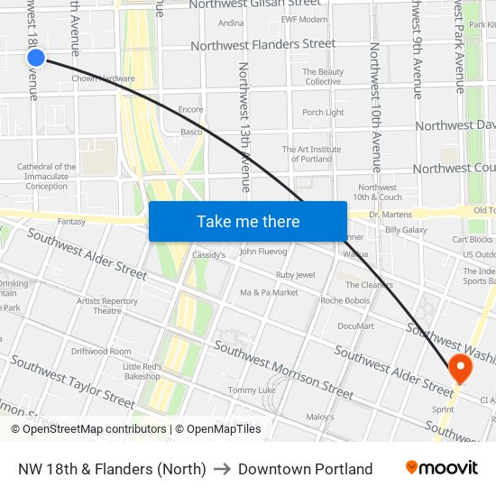 NW 18th & Flanders (North) to Downtown Portland map