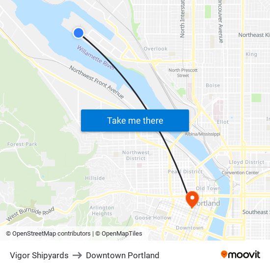 Vigor Shipyards to Downtown Portland map