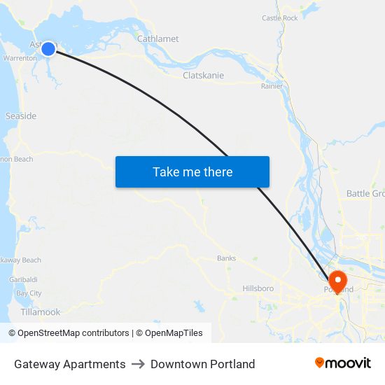 Gateway Apartments to Downtown Portland map