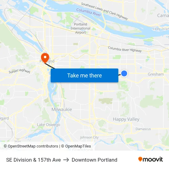 SE Division & 157th Ave to Downtown Portland map