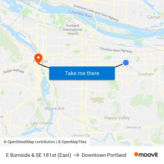 E Burnside & SE 181st to Downtown Portland map