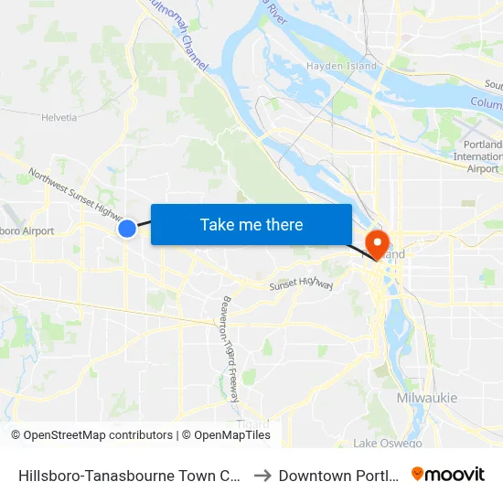 Hillsboro-Tanasbourne Town Center to Downtown Portland map