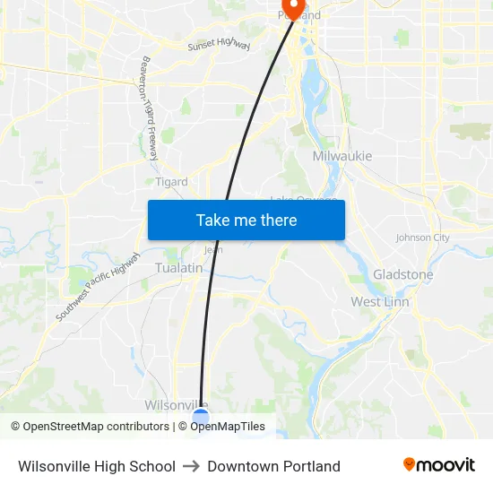 Wilsonville High School to Downtown Portland map