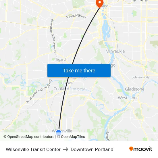 Wilsonville Transit Center to Downtown Portland map