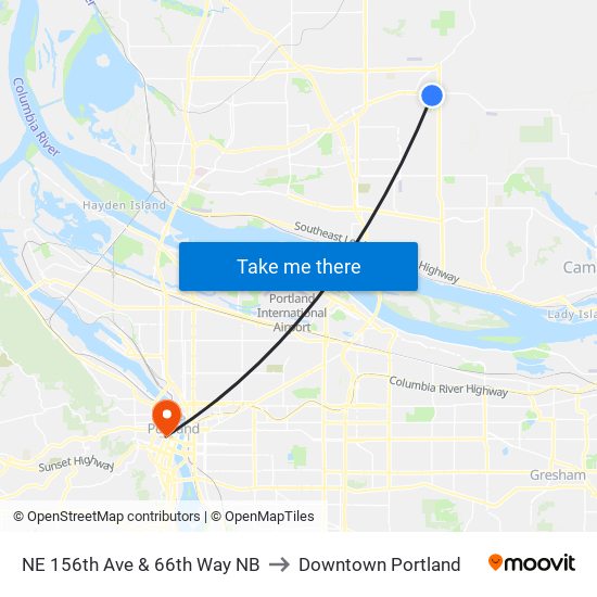 NE 156th Ave & 66th Way NB to Downtown Portland map