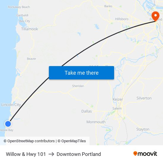 Willow & Hwy 101 to Downtown Portland map