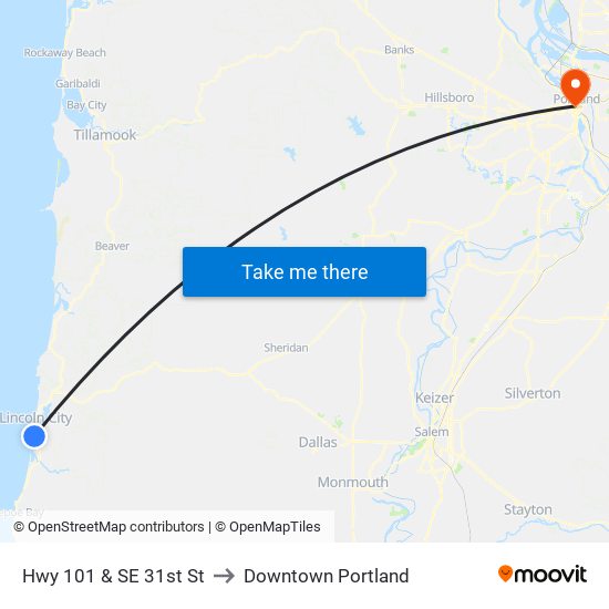 Hwy 101 & SE 31st St to Downtown Portland map