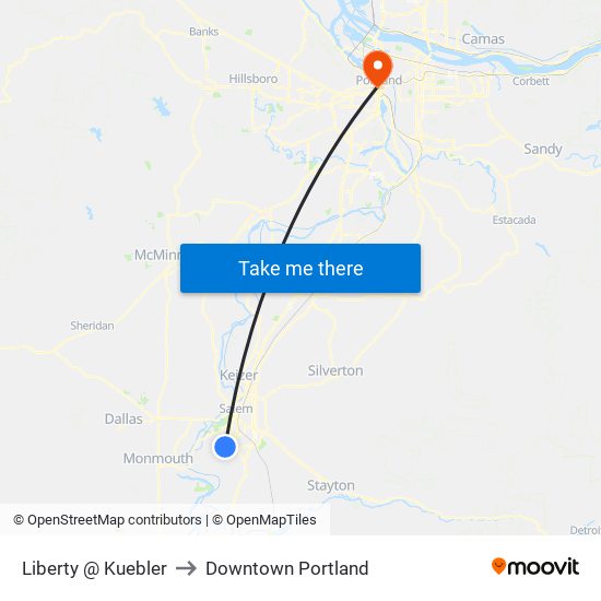 Liberty @ Kuebler to Downtown Portland map