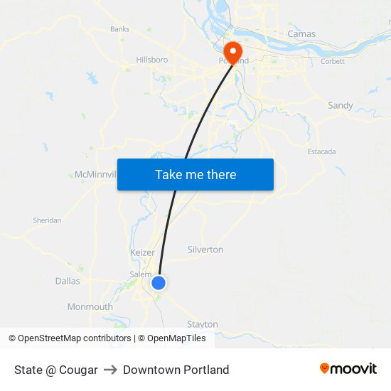 State @ Cougar to Downtown Portland map