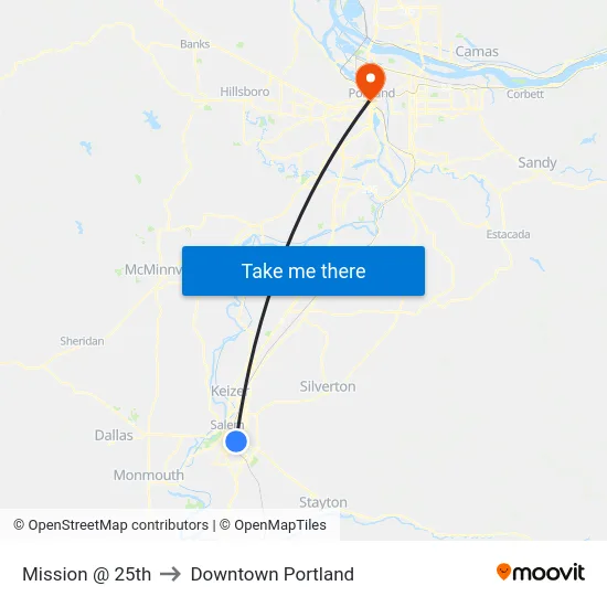 Mission @ 25th to Downtown Portland map
