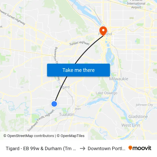 Tigard - EB 99w & Durham (Tm 8792) to Downtown Portland map