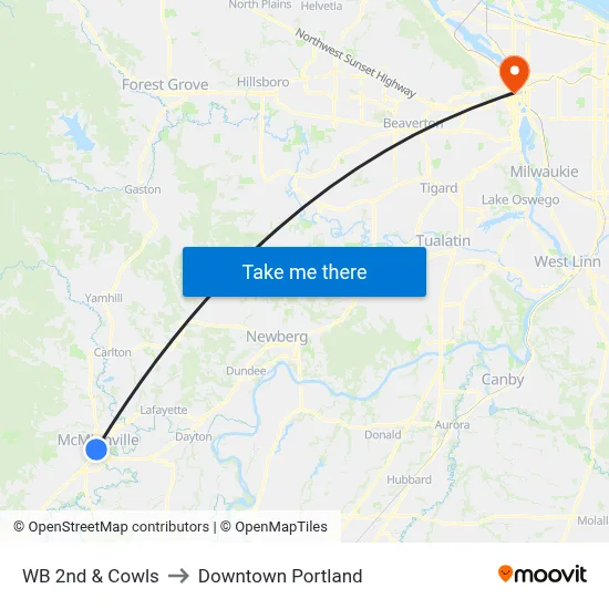 WB 2nd & Cowls to Downtown Portland map