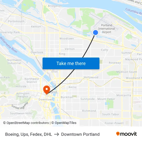 Boeing, Ups, Fedex, DHL to Downtown Portland map