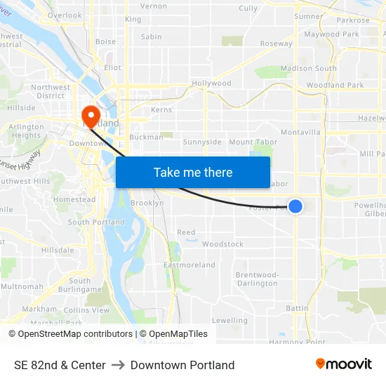 SE 82nd & Center to Downtown Portland map