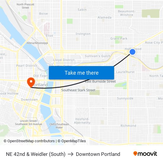 NE 42nd & Weidler (South) to Downtown Portland map