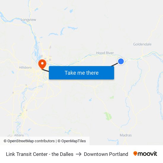 Link Transit Center - the Dalles to Downtown Portland map