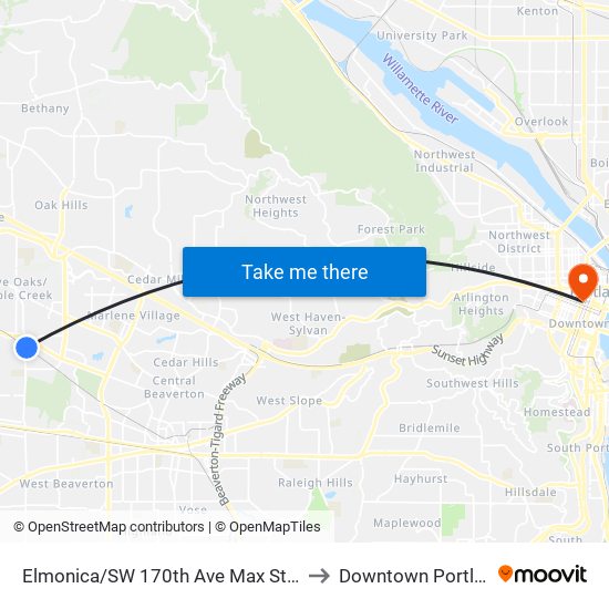 Elmonica/SW 170th Ave Max Station to Downtown Portland map