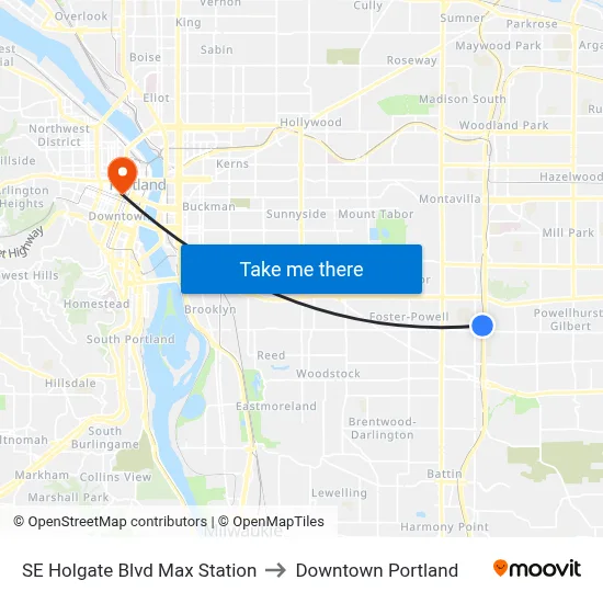SE Holgate Blvd Max Station to Downtown Portland map