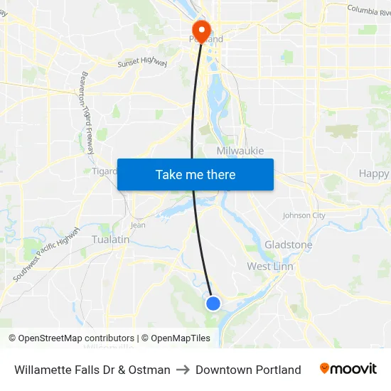 Willamette Falls Dr & Ostman to Downtown Portland map