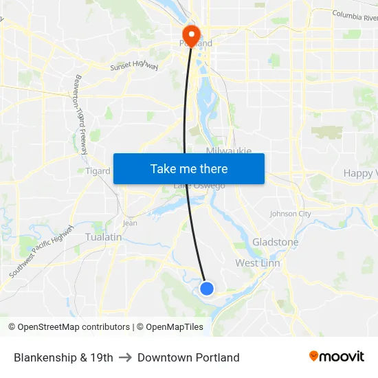 Blankenship & 19th to Downtown Portland map