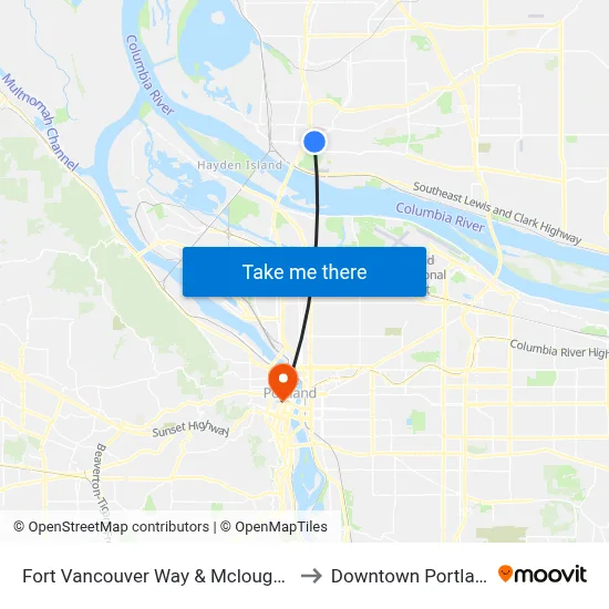 Fort Vancouver Way & Mcloughlin to Downtown Portland map