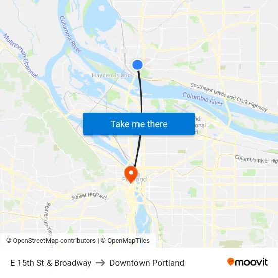 E 15th St & Broadway to Downtown Portland map