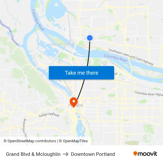 Grand Blvd & Mcloughlin to Downtown Portland map