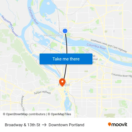 Broadway & 13th St to Downtown Portland map