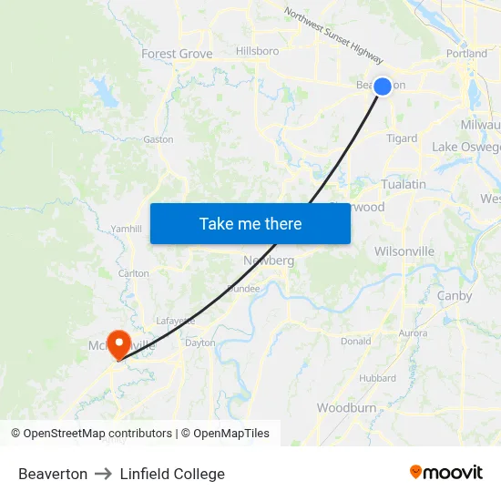 Beaverton to Linfield College map
