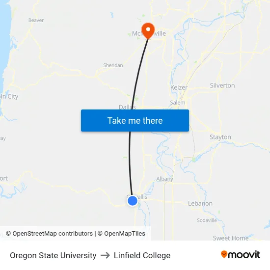 Oregon State University to Linfield College map