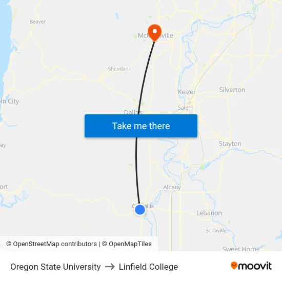 Oregon State University to Linfield College map
