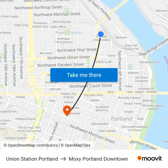 Union Station Portland to Moxy Portland Downtown map