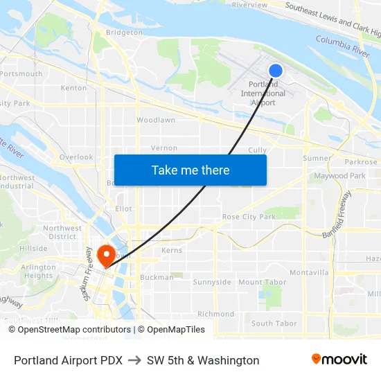 Portland Airport PDX to SW 5th & Washington map