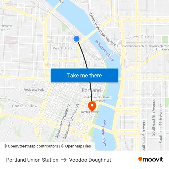 Portland Union Station to Voodoo Doughnut map